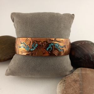 Navajo Indian Copper and Turquoise Inlay Kokopelli Cuff